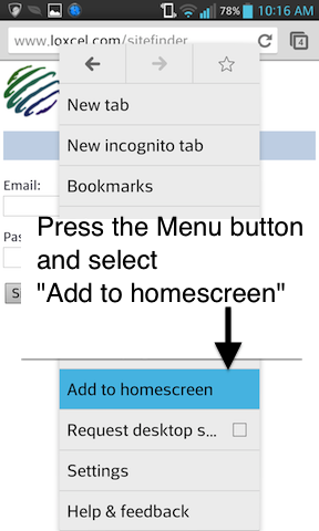 Install Loxcel Site Finder on Android Home screen step 3