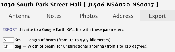 KML Export form showing beam length and width parameters