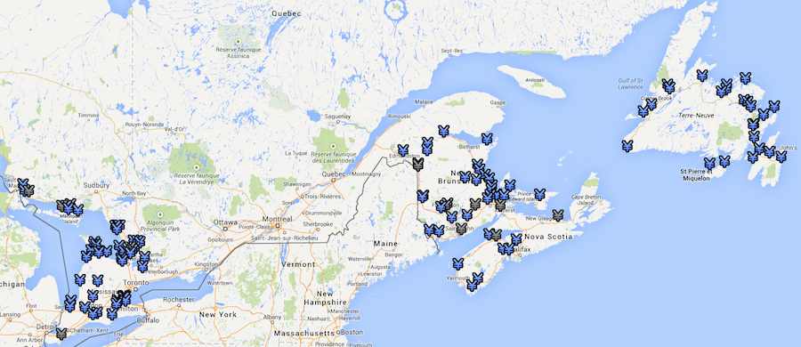 August 2014 Map showing Bell's 120 700MHz cellular sites in Eastern Canada