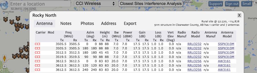 Screen shot of CCI Wireless antennas at site 'Rocky North'