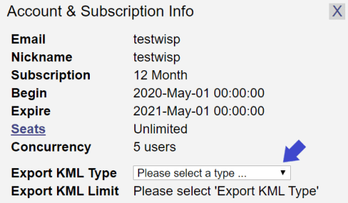 Account info showing Simple pushpins option to export KML file