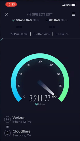 Speedtest of 5g millimeter wave in San Jose California. Speeds reached 3.2 gigabits per second