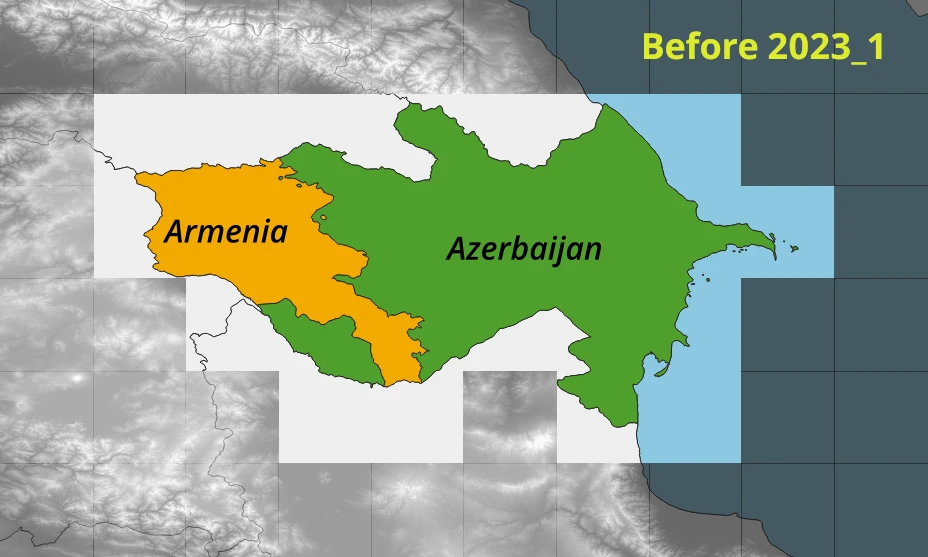 25 new DEM tiles from the Copernicus DEM 30 2023_1 release that cover Armenia and Azerbaijan