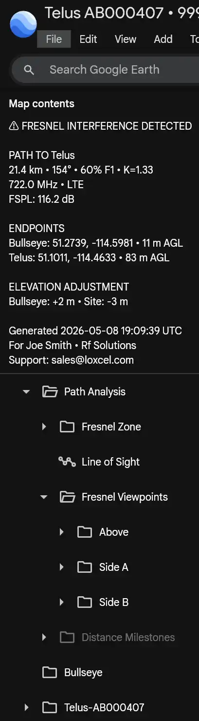 Google Earth side panel showing Fresnel path summary, endpoint metadata, path analysis folders, Fresnel viewpoints, bullseye and site folders