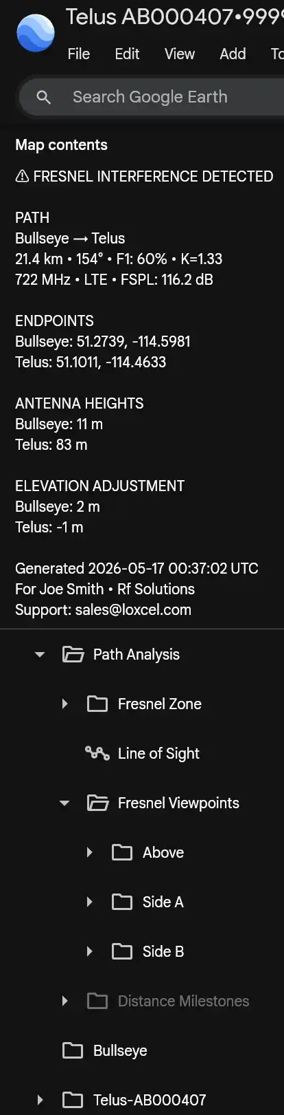 Google Earth side panel showing Fresnel path summary, endpoint metadata, path analysis folders, Fresnel viewpoints, bullseye and site folders